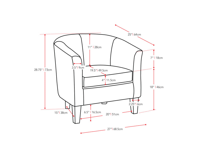 white Leather Barrel Chair Sasha Collection measurements diagram by CorLiving