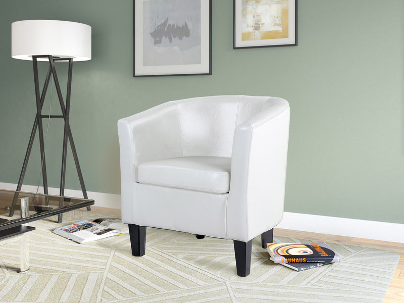white Leather Barrel Chair Sasha Collection lifestyle scene by CorLiving