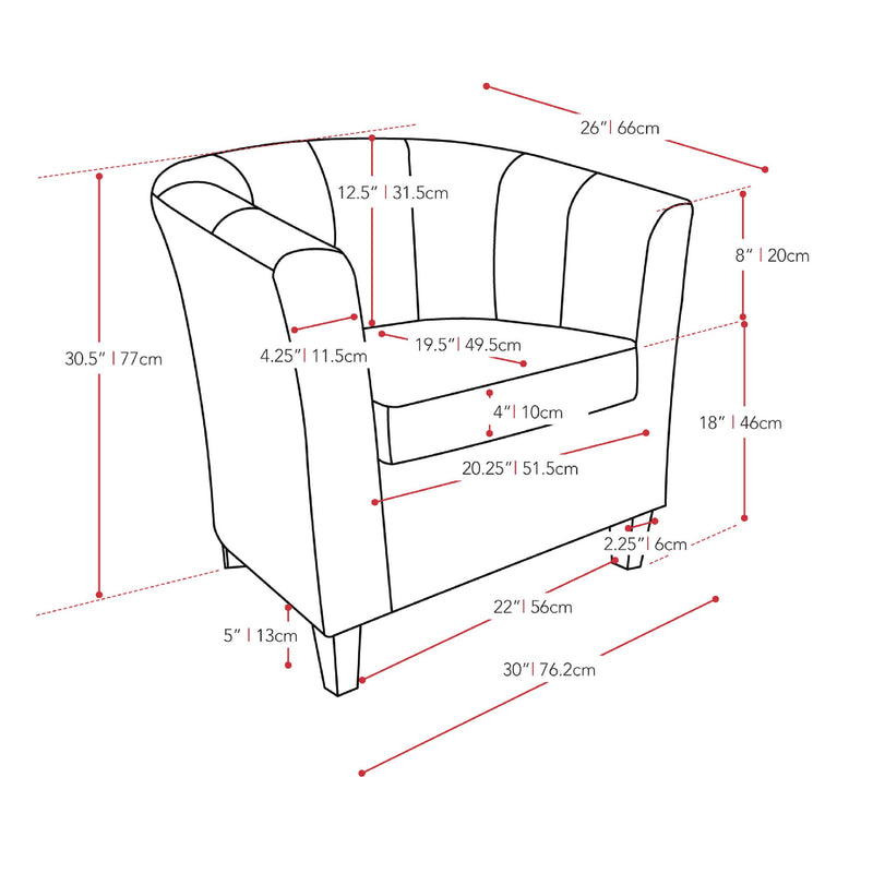 brown Leather Barrel Chair Antonio Collection measurements diagram by CorLiving