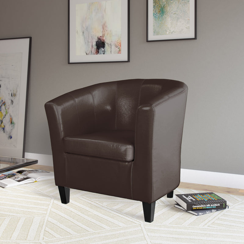 brown Leather Barrel Chair Antonio Collection lifestyle scene by CorLiving