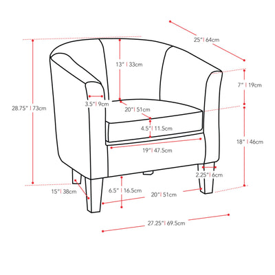 silver Velvet Barrel Chair Sasha Collection measurements diagram by CorLiving#color_silver