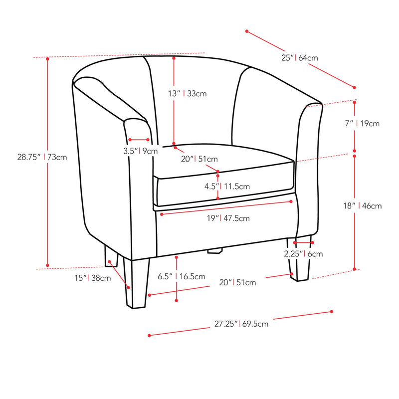 silver Velvet Barrel Chair Sasha Collection measurements diagram by CorLiving