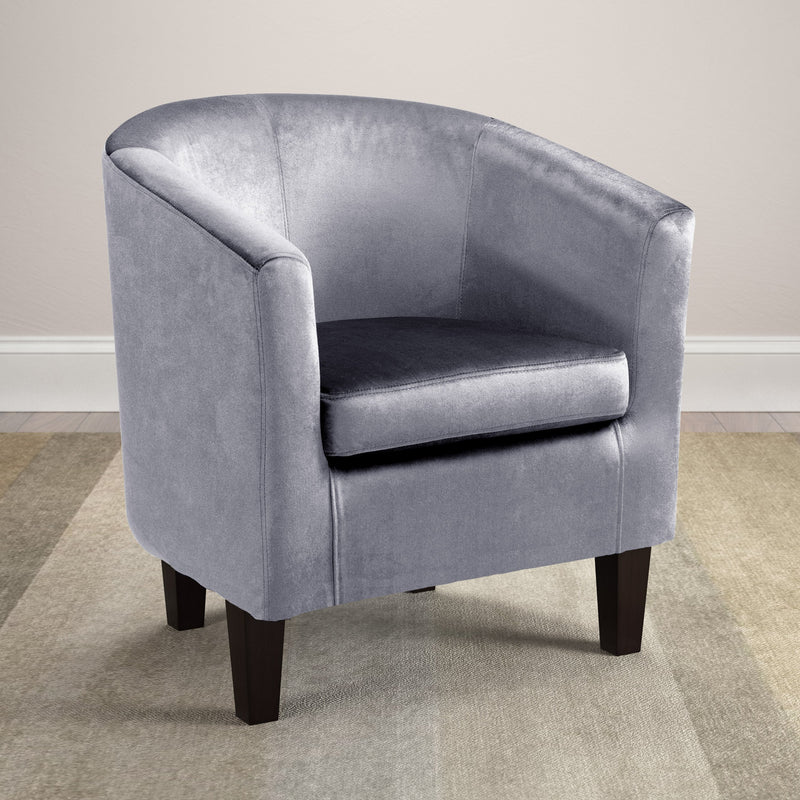 silver Velvet Barrel Chair Sasha Collection lifestyle scene by CorLiving