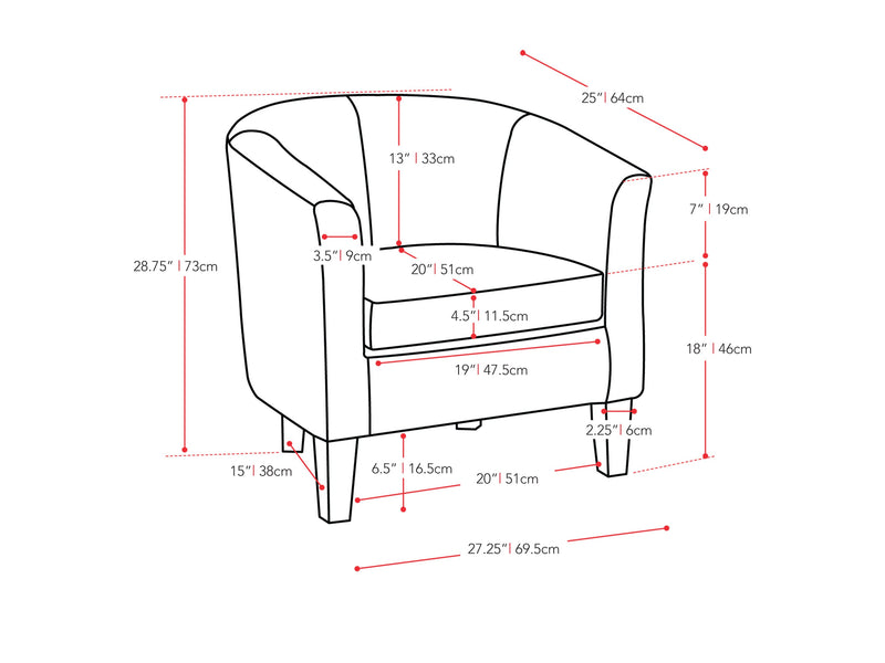 blue grey Barrel Chair Sasha Collection measurements diagram by CorLiving