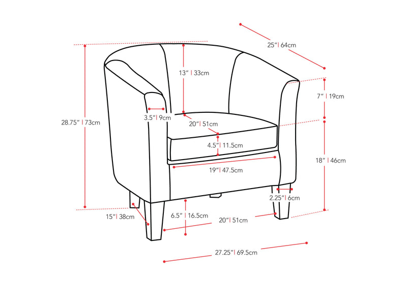 yellow Barrel Chair Sasha Collection measurements diagram by CorLiving