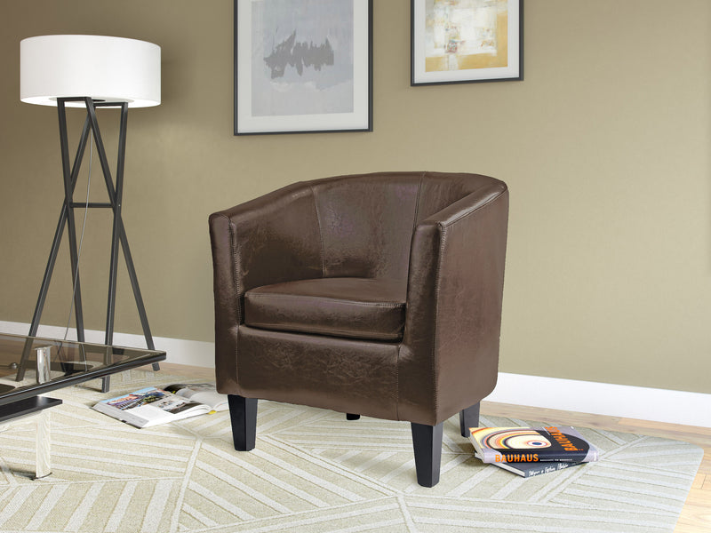 dark brown Leather Barrel Chair Sasha Collection lifestyle scene by CorLiving