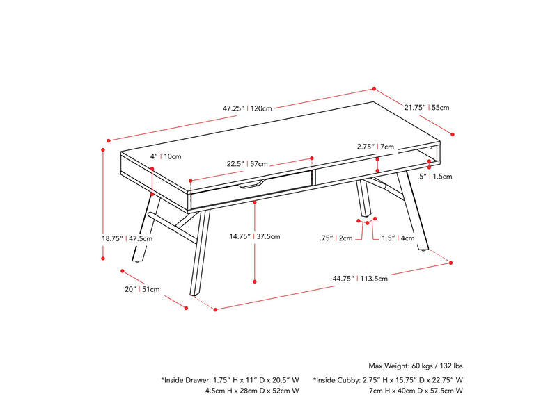 brown Rustic Wood Coffee Table Auston Collection measurements diagram by CorLiving