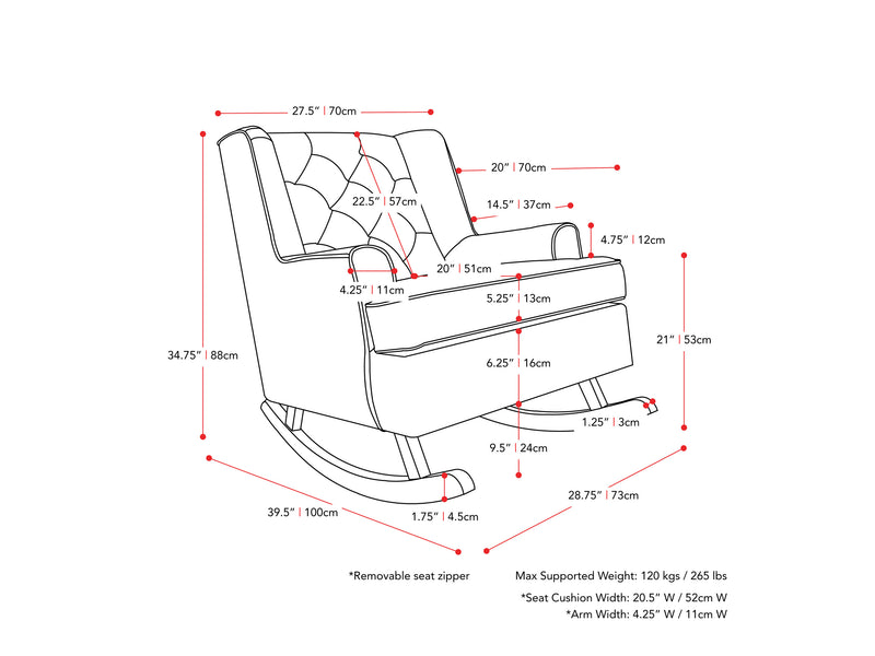 dark grey Modern Rocking Chair Freya Collection measurements diagram by CorLiving