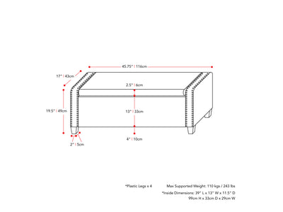 dark grey End of Bed Storage Bench Luna Collection measurements diagram by CorLiving#color_luna-dark-grey