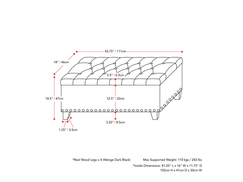 light grey End of Bed Storage Bench Leilani Collection measurements diagram by CorLiving