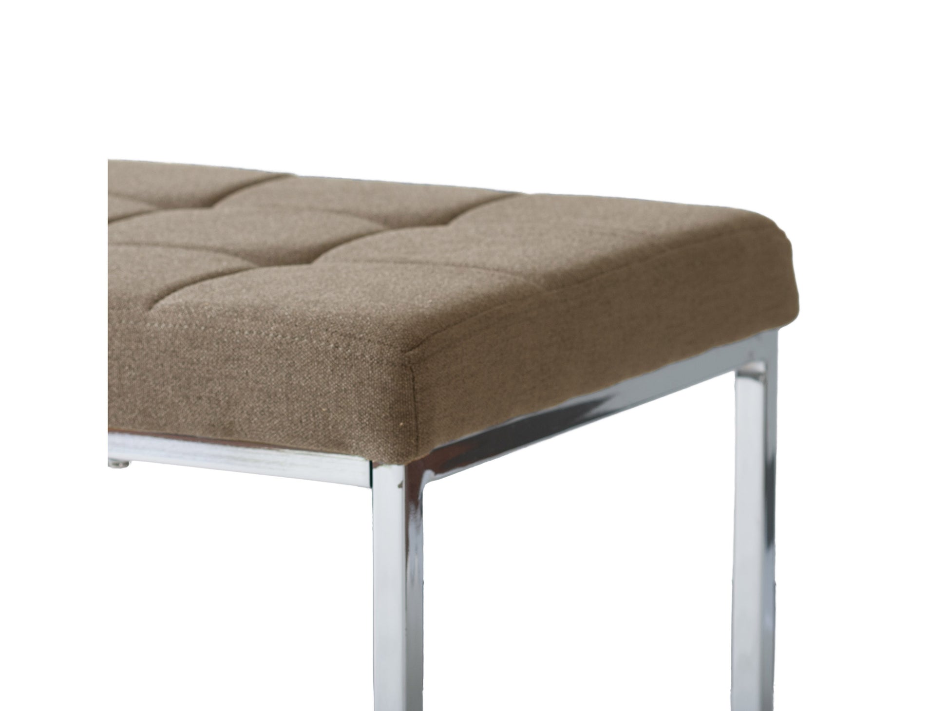 Modern entryway bench with natural wood finish, sleek metal frame, and cushioned seat in light gray fabric. Ideal for contemporary home decor, offering both style and functionality.