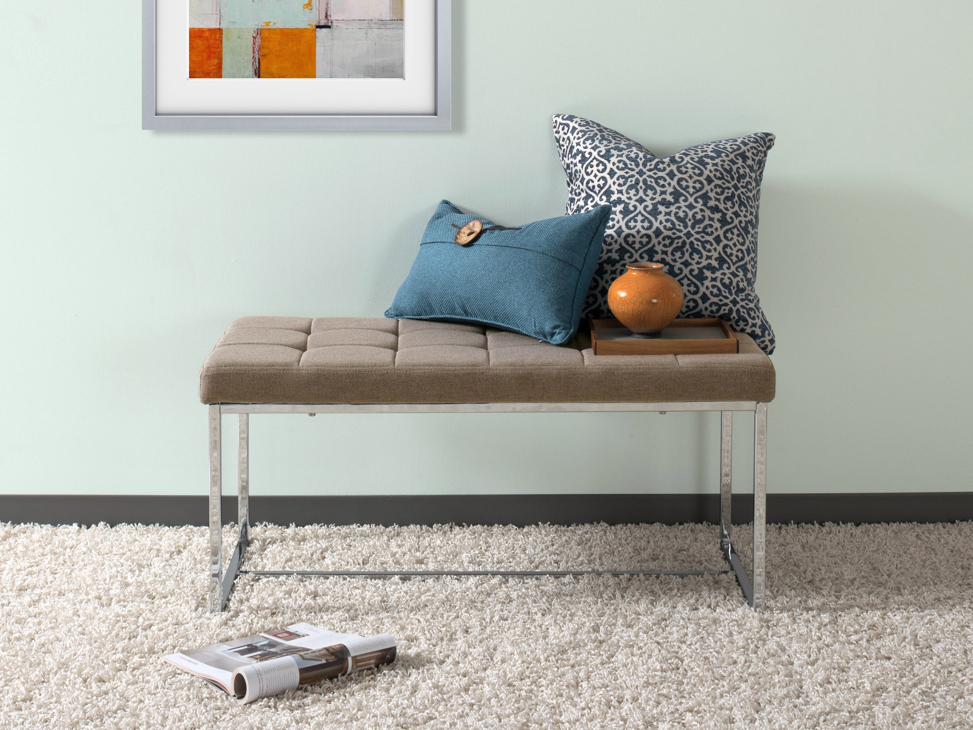 Modern entryway bench with cushioned seat, walnut wood frame, and black metal legs. Ideal for contemporary interiors, offering stylish seating and storage space.