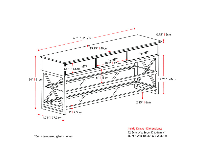 cherry brown TV Bench for TVs up to 75" Houston Collection measurements diagram by CorLiving