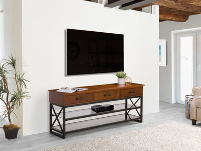 cherry brown TV Bench for TVs up to 75" Houston Collection lifestyle by CorLiving#color_cherry-brown