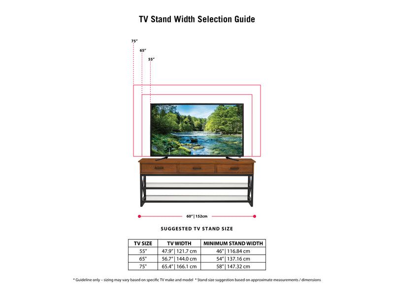 cherry brown TV Bench for TVs up to 75" Houston Collection infographic by CorLiving