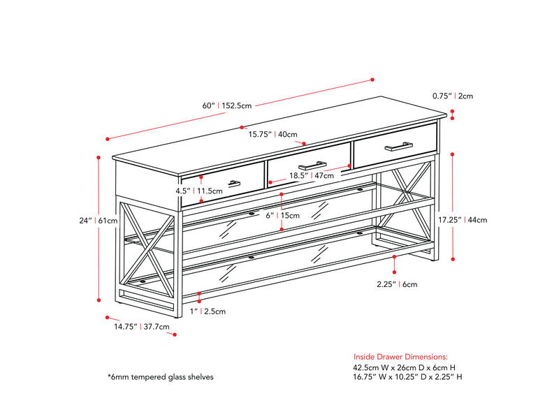 whitewash grey TV Bench for TVs up to 75" Houston Collection measurements diagram by CorLiving