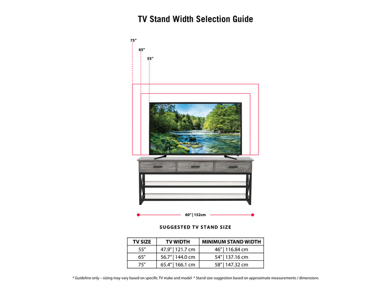 whitewash grey TV Bench for TVs up to 75" Houston Collection infographic by CorLiving