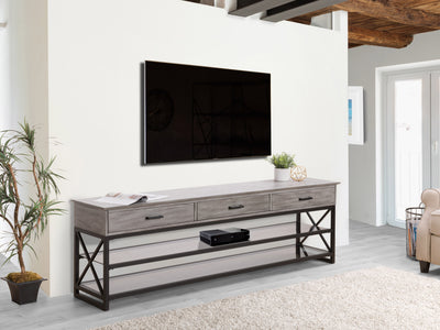 cherry brown TV Bench for TVs up to 95" Houston Collection lifestyle scene by CorLiving#color_whitewash-grey