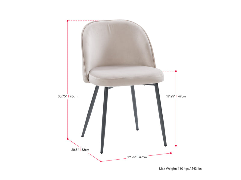 greige Velvet Side Chair Ayla Collection measurements diagram by CorLiving