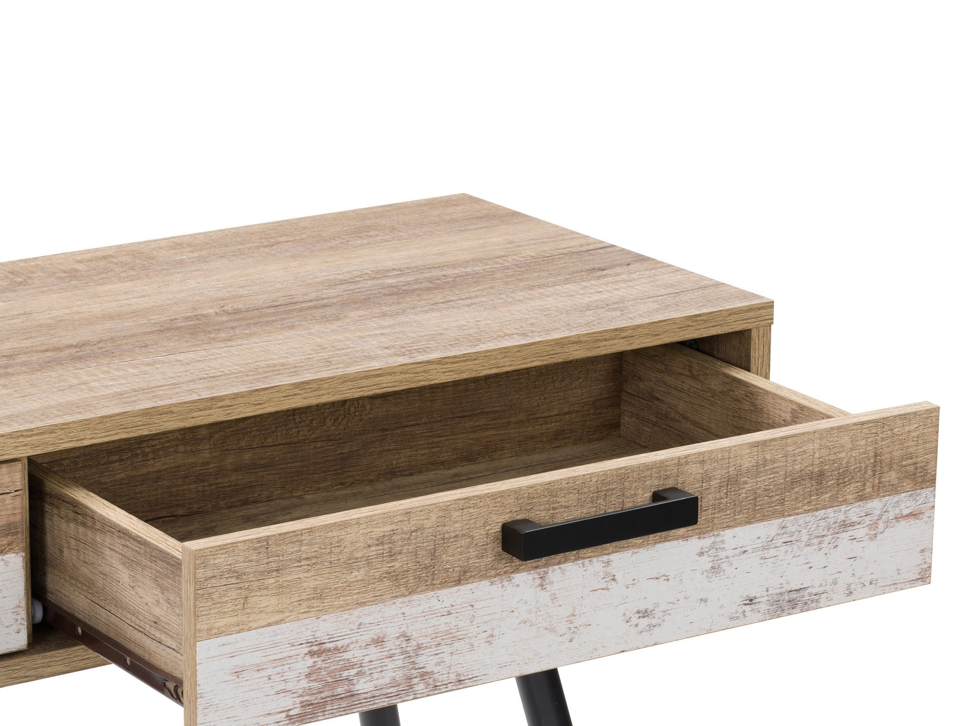 Solid wood desk with natural finish, featuring sleek metal legs, a spacious tabletop, and a minimalist design. Ideal for home office or study, combining modern aesthetics with functional workspace.