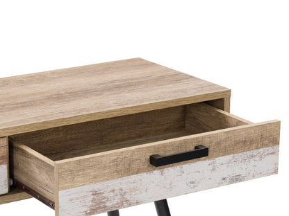 Solid wood desk with natural finish, featuring sleek metal legs, a spacious tabletop, and a minimalist design. Ideal for home office or study, combining modern aesthetics with functional workspace.