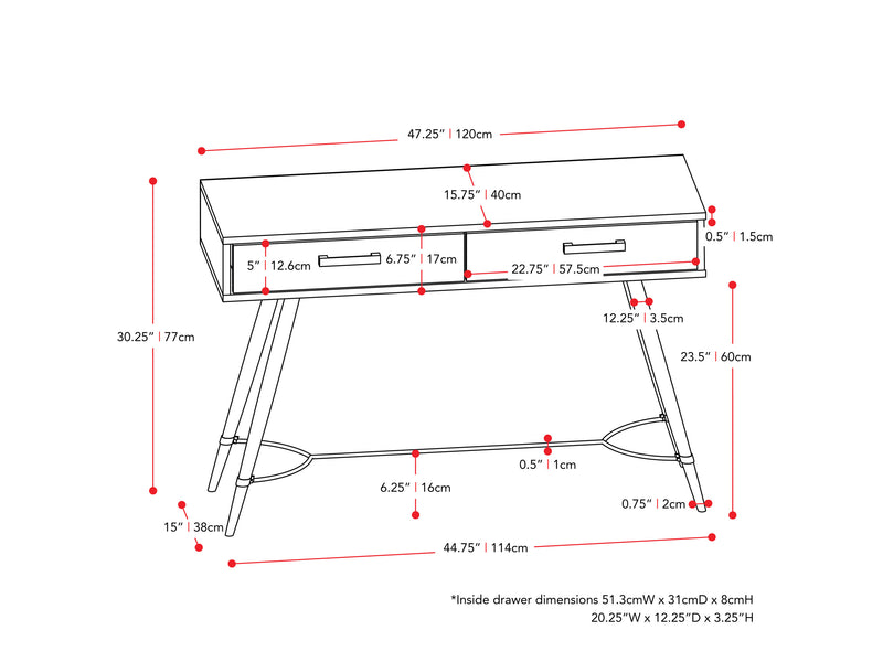 distressed warm beige white duotone White and Wood Desk Aurora Collection measurements diagram by CorLiving