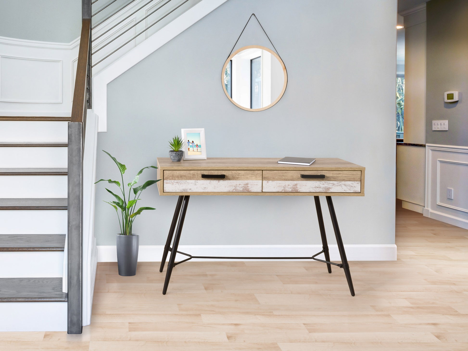 Modern wooden desk with sleek metal legs, featuring a minimalist design, spacious surface, and integrated storage drawers, perfect for home office or study.