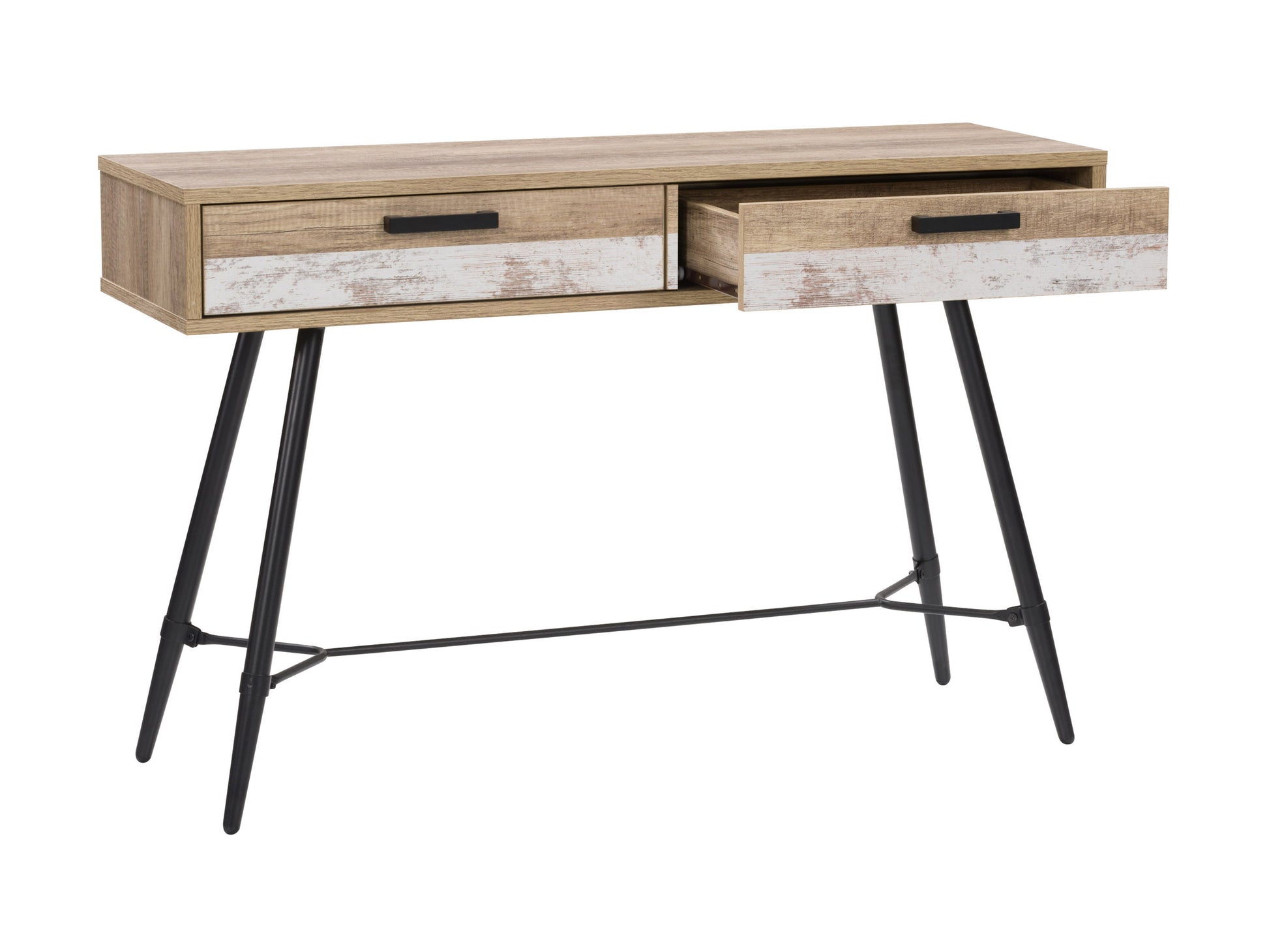 White and wood desk with sleek white top, natural wood legs, and minimalist design. Ideal for home office or study, combining modern aesthetics with functional workspace.