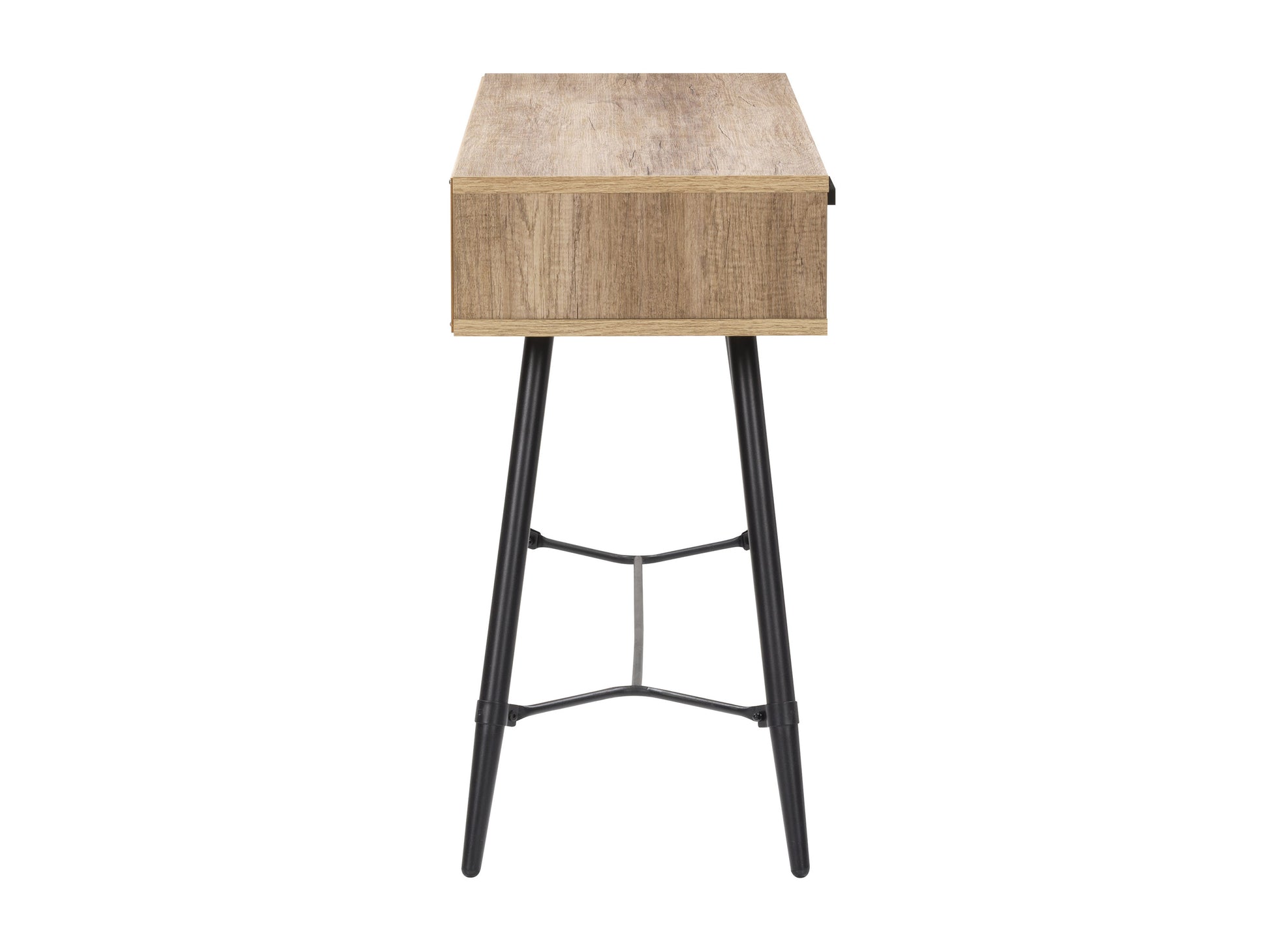 Modern wooden desk with sleek black metal legs, featuring a spacious rectangular tabletop in a light oak finish, ideal for home office or study.