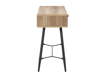 Modern wooden desk with sleek black metal legs, featuring a spacious rectangular tabletop in a light oak finish, ideal for home office or study.