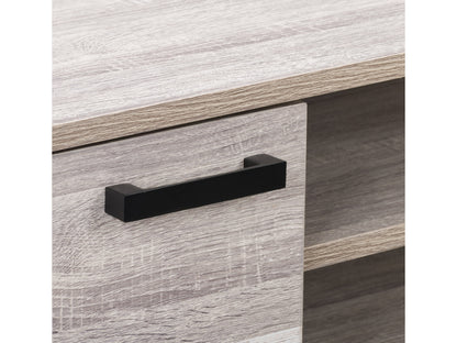 Mid-century modern TV stand for TVs up to 85", featuring a sleek walnut finish, tapered legs, and minimalist design with two sliding doors and open shelving for storage.