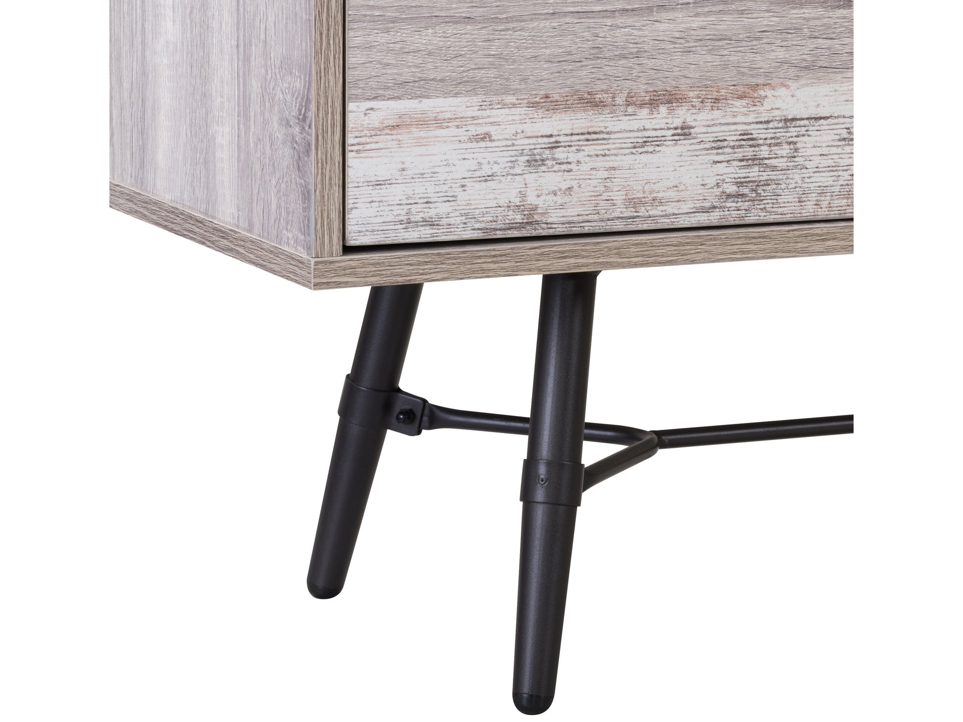 Modern TV stand with sleek black metal frame, light wood shelves, and industrial design; features open storage compartments and cable management system for organized media setup.