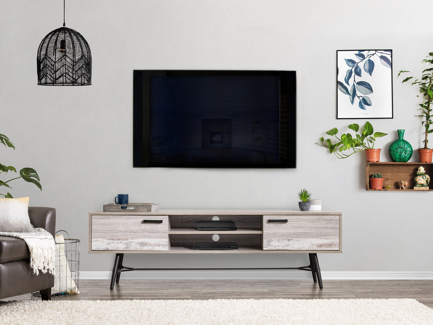 Mid Century Modern TV stand in walnut finish with sleek lines, tapered legs, and open shelving. Suitable for TVs up to 85 inches.