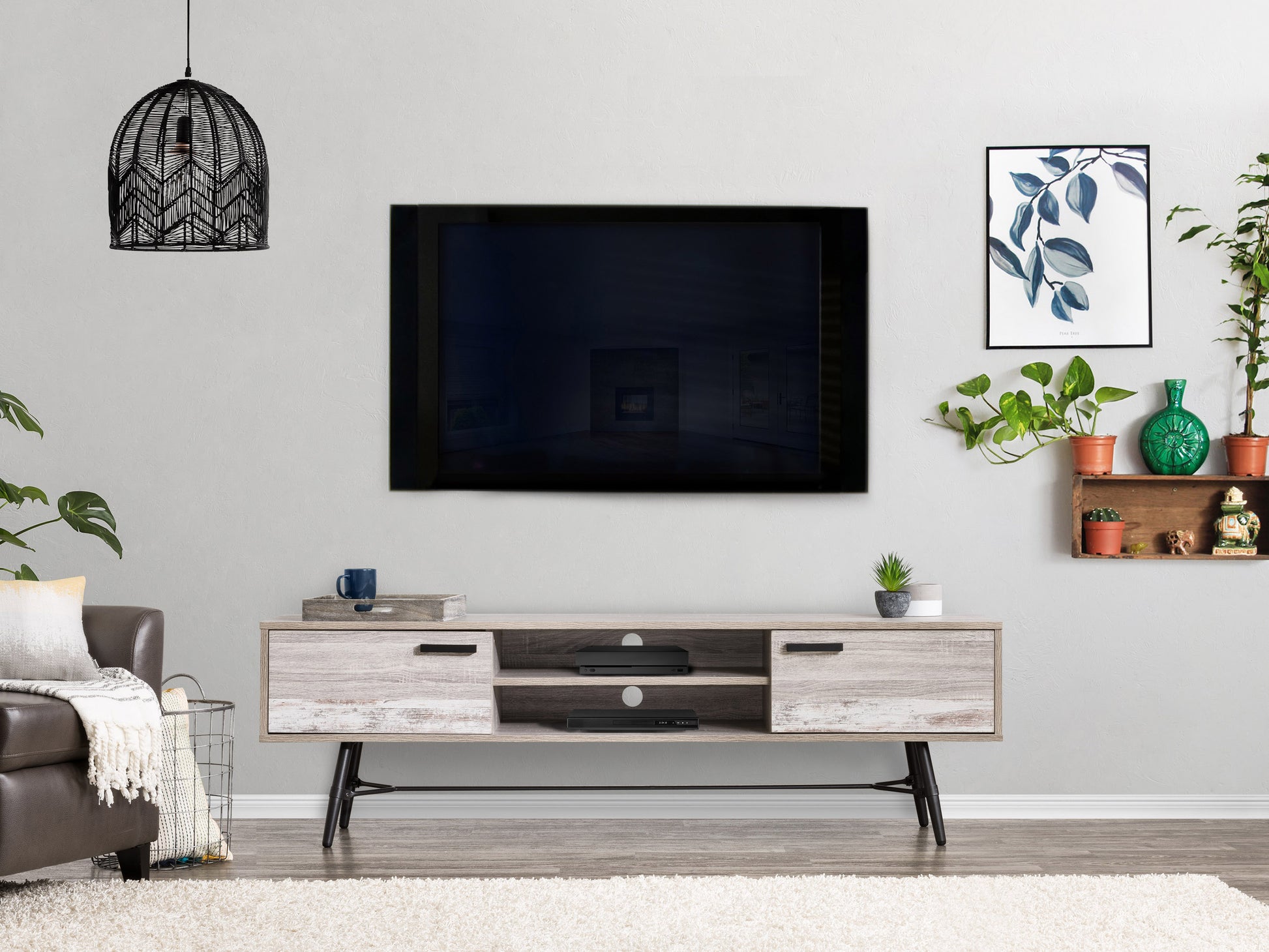 Mid Century Modern TV stand in walnut finish with sleek lines, tapered legs, and open shelving. Suitable for TVs up to 85 inches.