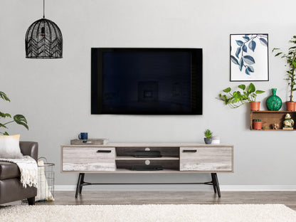 Mid Century Modern TV stand in walnut finish with sleek lines, tapered legs, and open shelving. Suitable for TVs up to 85 inches.