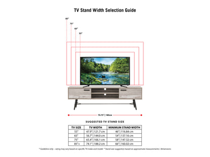 Modern TV stand with a sleek black frame, glass shelves, and wooden accents. Features cable management system and ample storage for media devices. Ideal for contemporary living rooms and entertainment spaces.