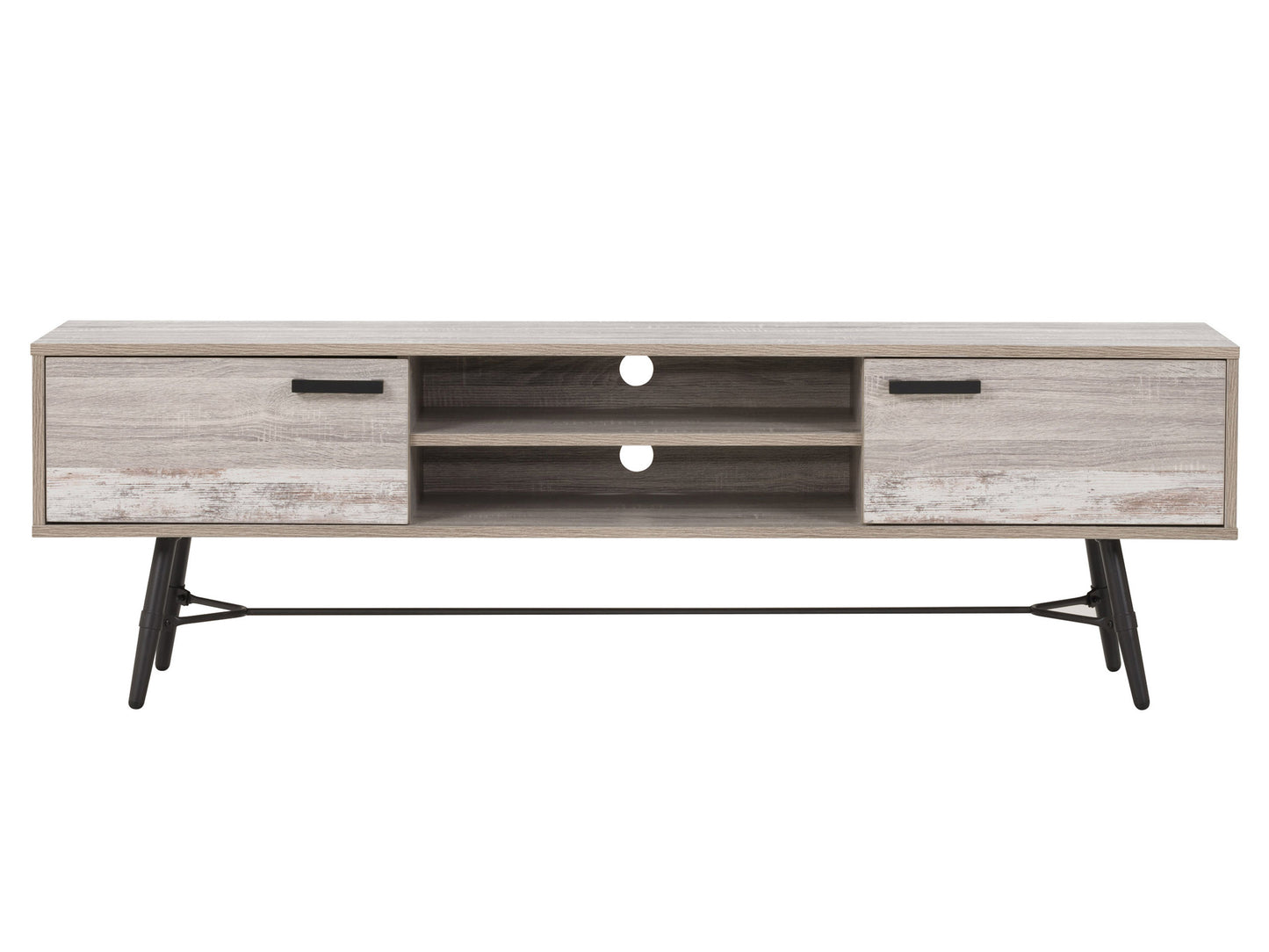 Modern wooden TV stand with sleek black metal legs, featuring two spacious cabinets and open shelving for storage, ideal for contemporary living rooms.