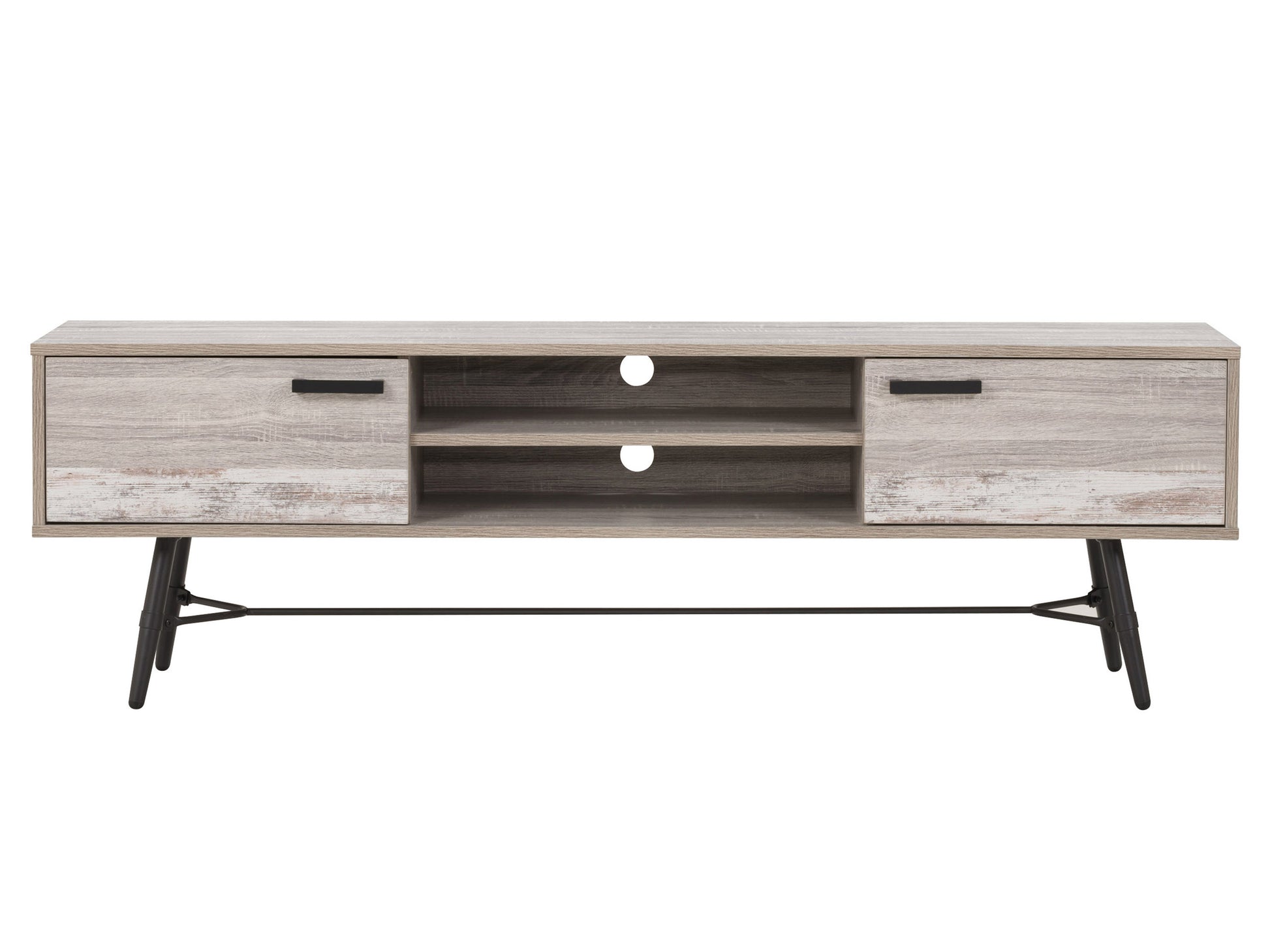 Modern wooden TV stand with sleek black metal legs, featuring two spacious cabinets and open shelving for storage, ideal for contemporary living rooms.