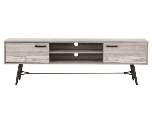 Modern wooden TV stand with sleek black metal legs, featuring two spacious cabinets and open shelving for storage, ideal for contemporary living rooms.