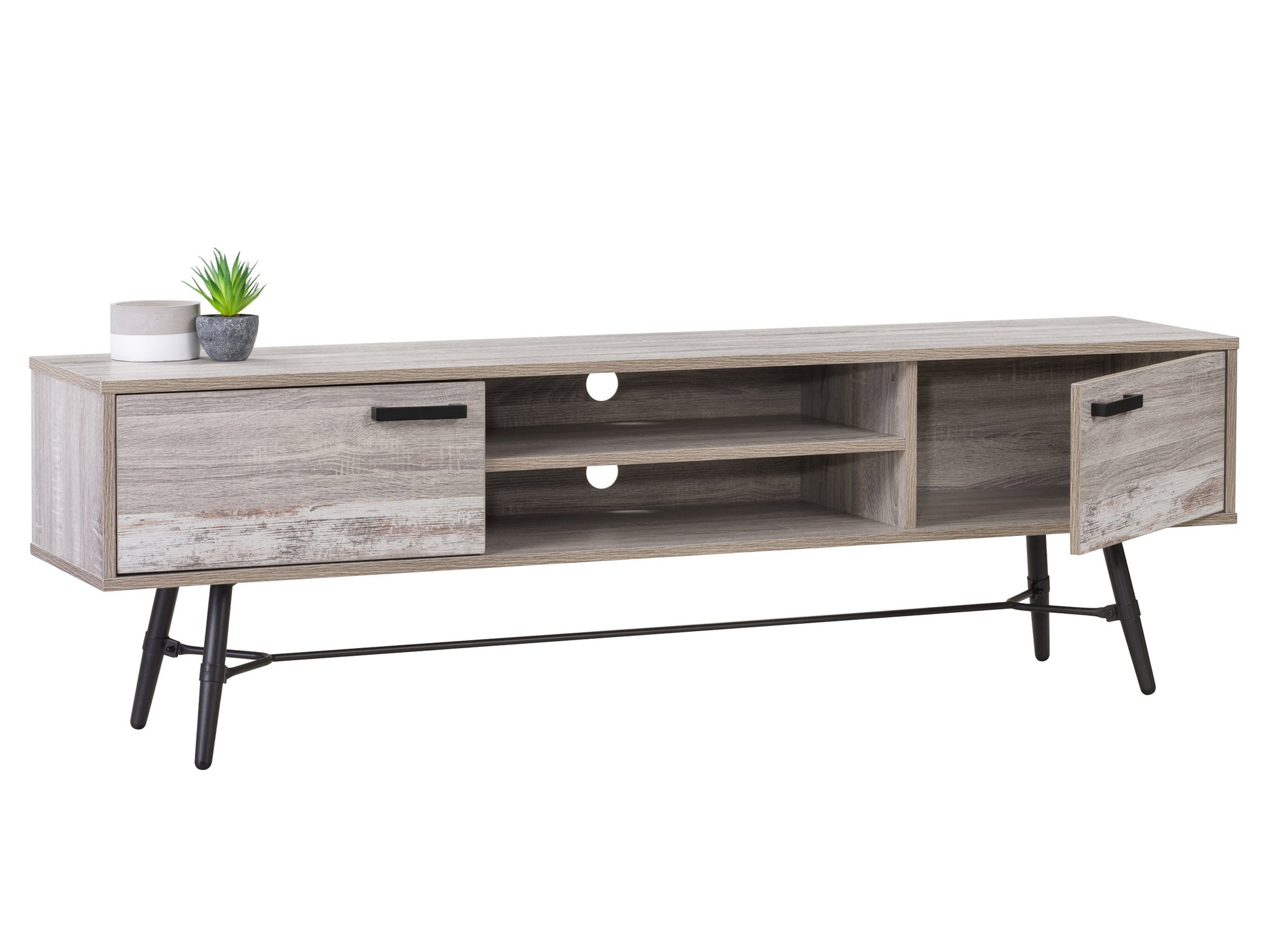 Modern TV stand with sleek black metal frame, three wooden shelves in natural oak finish, and open back design for easy cable management. Ideal for contemporary living rooms and entertainment areas.