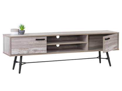 Modern TV stand with sleek black metal frame, three wooden shelves in natural oak finish, and open back design for easy cable management. Ideal for contemporary living rooms and entertainment areas.