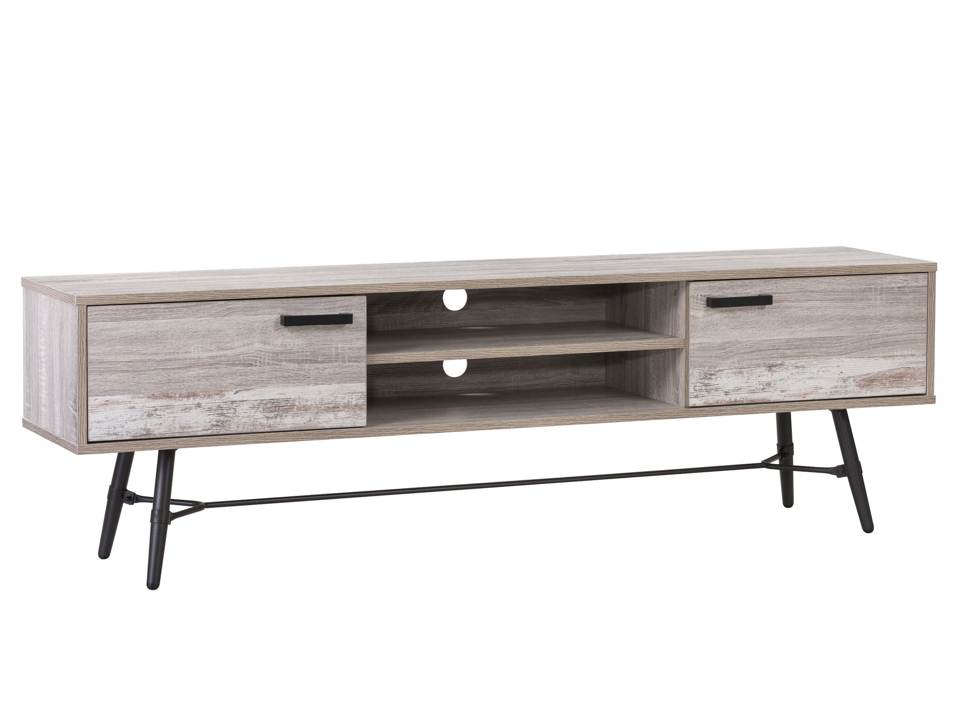Modern wooden TV stand with open shelving and two drawers, featuring a sleek design in light oak finish. Ideal for contemporary living rooms, this furniture piece offers ample storage and a minimalist aesthetic.
