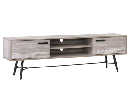 Modern wooden TV stand with open shelving and two drawers, featuring a sleek design in light oak finish. Ideal for contemporary living rooms, this furniture piece offers ample storage and a minimalist aesthetic.