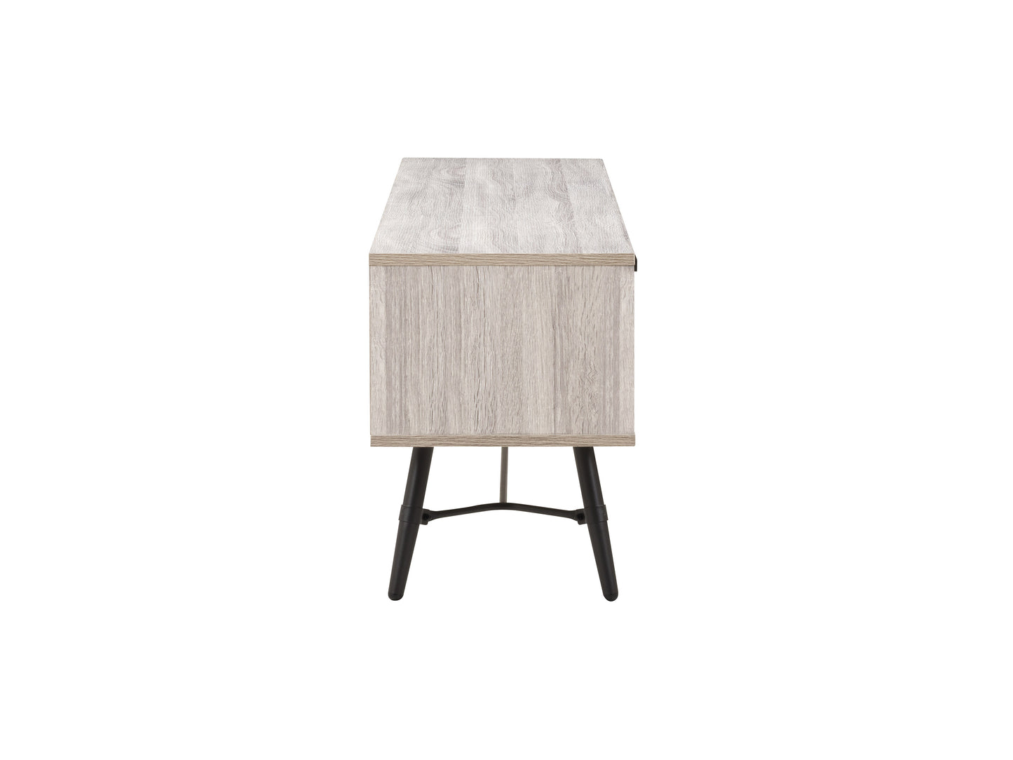 Modern wooden TV stand with sleek black metal frame, featuring two spacious open shelves and a rich walnut finish, perfect for contemporary living rooms.
