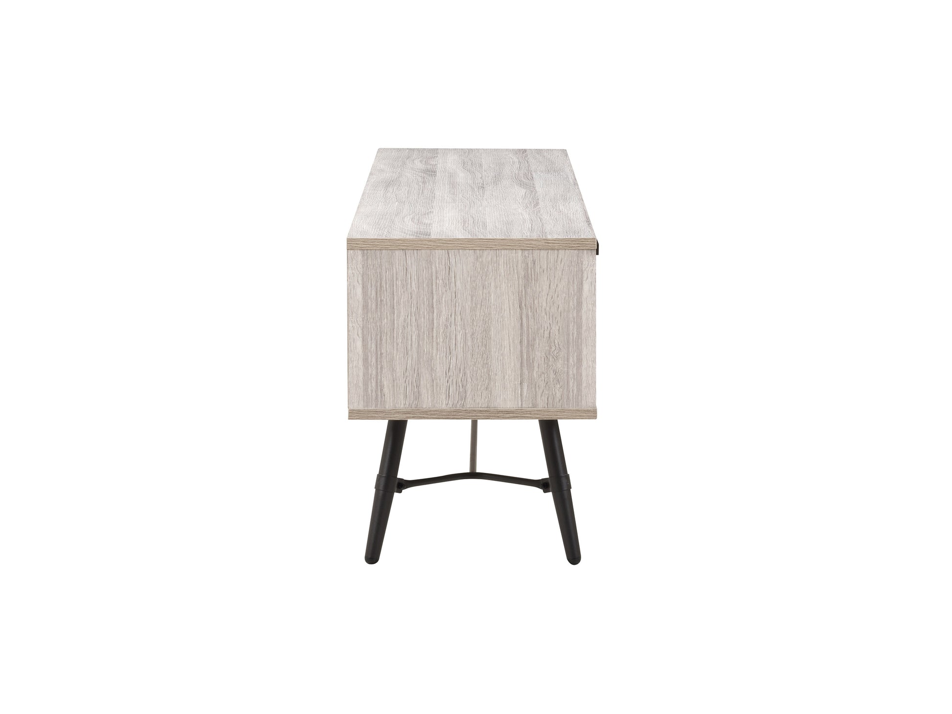 Modern wooden TV stand with sleek black metal frame, featuring two spacious open shelves and a rich walnut finish, perfect for contemporary living rooms.