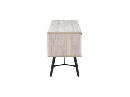 Modern wooden TV stand with sleek black metal frame, featuring two spacious open shelves and a rich walnut finish, perfect for contemporary living rooms.