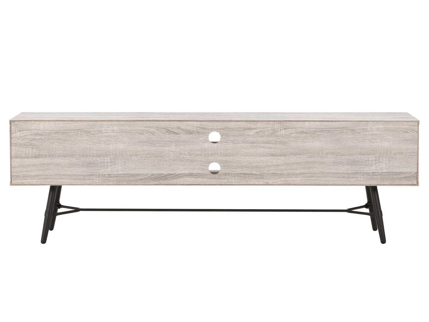 Mid-century modern TV stand for TVs up to 85 inches, featuring a sleek walnut finish, two sliding doors, and open shelving for media storage.
