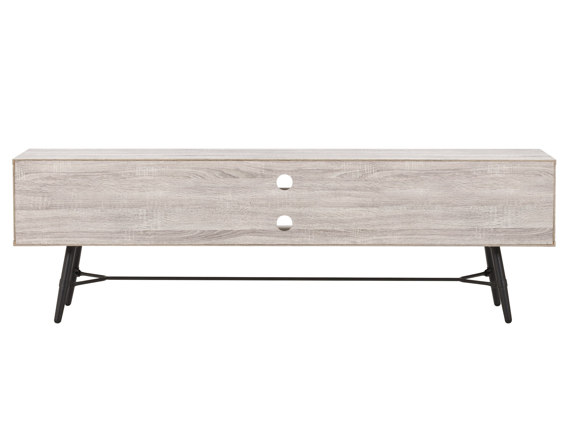Mid-century modern TV stand for TVs up to 85 inches, featuring a sleek walnut finish, two sliding doors, and open shelving for media storage.
