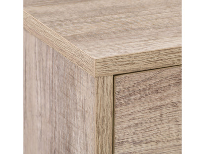 Modern TV stand in walnut finish with sleek black metal frame, featuring two open shelves and a spacious cabinet with sliding doors for storage, ideal for contemporary living rooms.