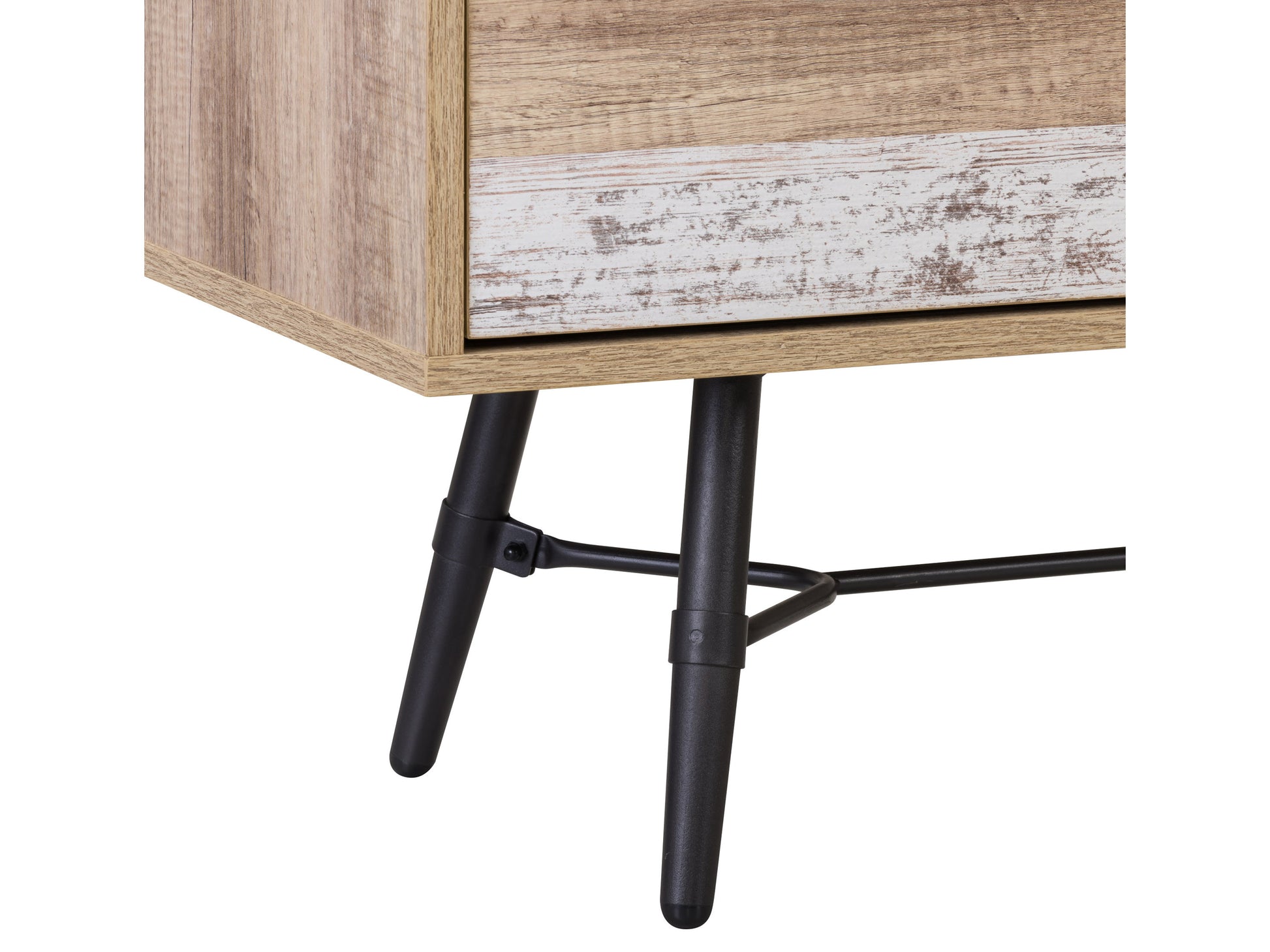 Modern TV stand in dark walnut finish with sleek black metal legs, featuring open shelving and two sliding doors for storage. Ideal for contemporary living rooms, offering a stylish and functional media center.